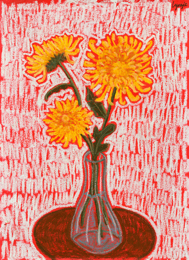 Close-up of Chrysanthemum Study Oil Pastel Artwork, Featuring Detailed Yellow Chrysanthemums on Red Background.