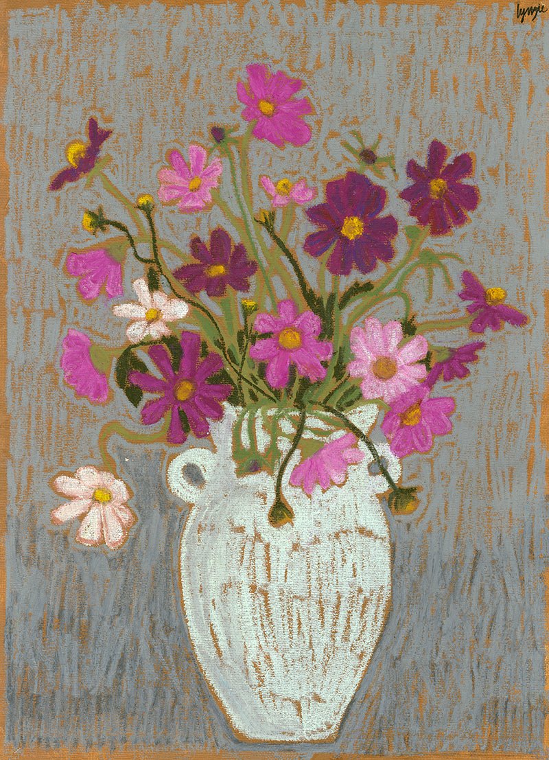 Cosmos Study – Original Oil Pastel on Canvas Paper by Lynzie Bremner (40x30cm) - Lynzie Bremner, Artist