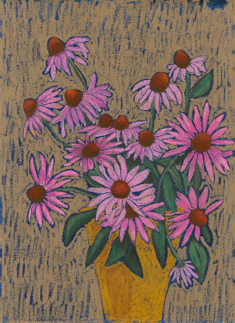 Echinacea Study – Original Oil Pastel on Canvas Paper by Lynzie Bremner (40x30cm) - Lynzie Bremner, Artist