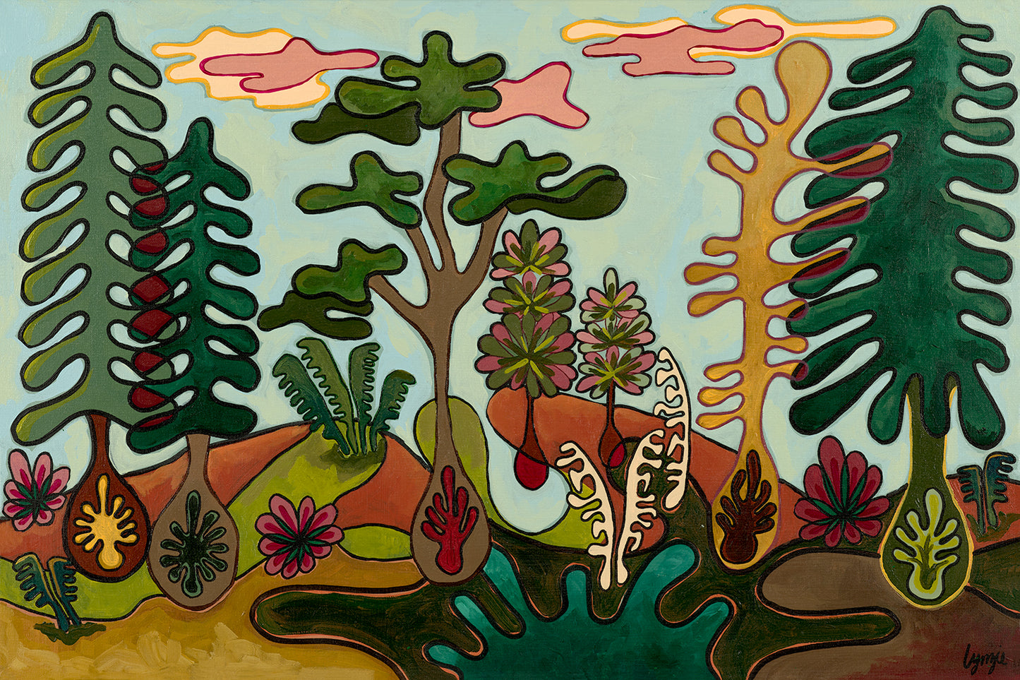 "Monday in August" – Close-up view of the original artwork by Lynzie Bremner, featuring bright flowers and abstract shapes in a vibrant, nature-inspired design.
