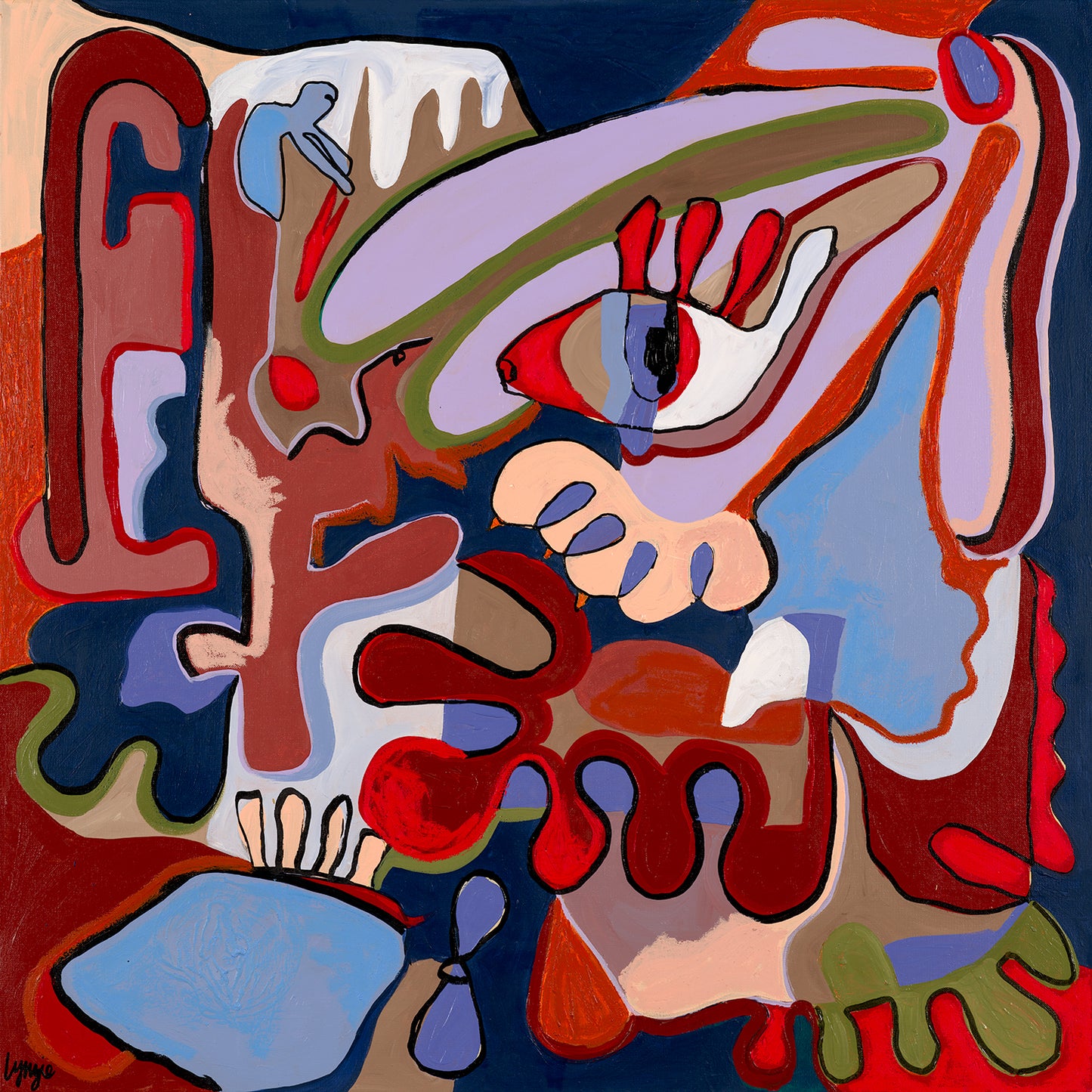 "Toxic Beauty" – A close-up view of the original artwork by Lynzie Bremner, capturing vibrant red, blue, and brown hues in a unique abstract design.