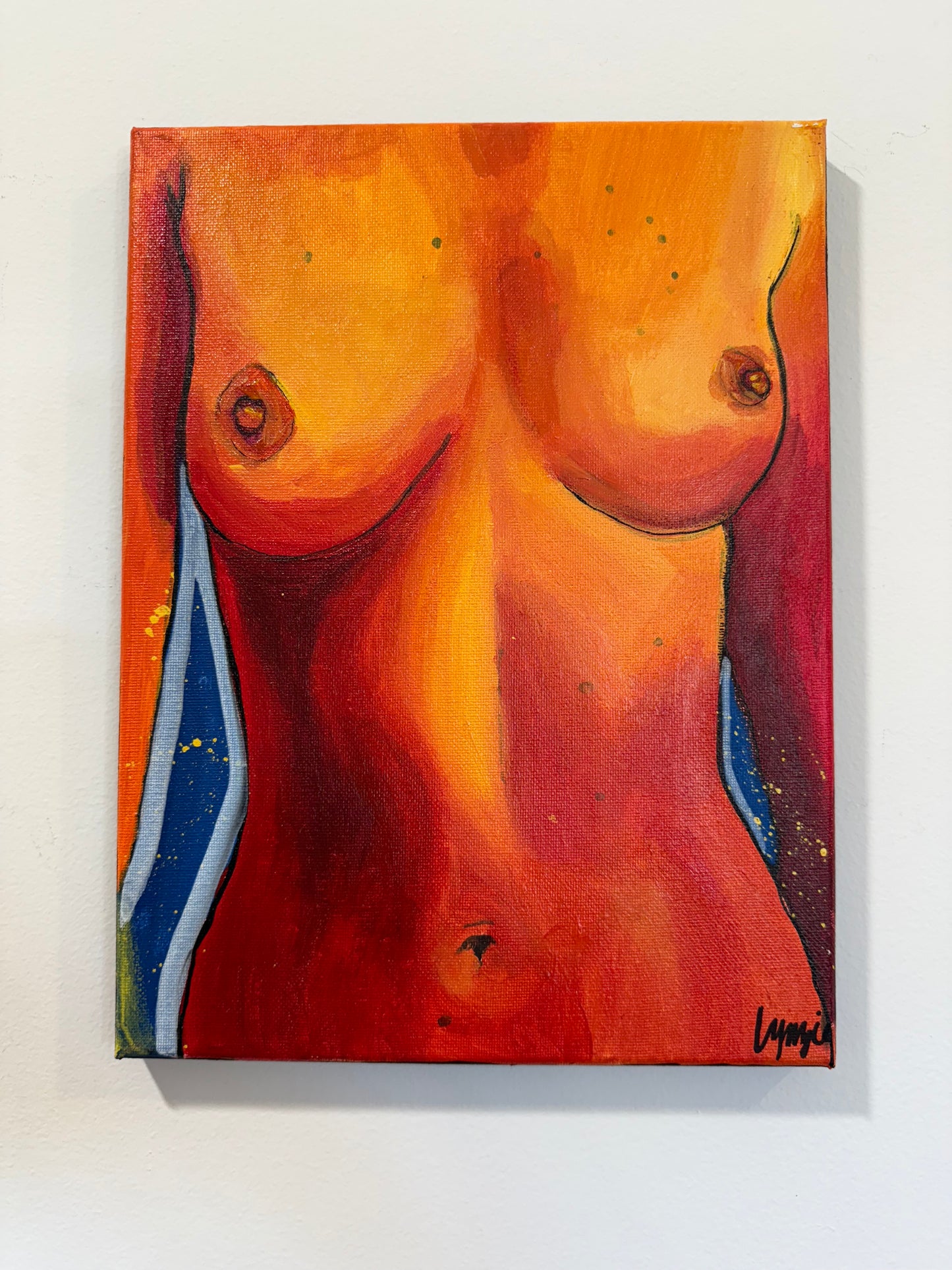 Full view of "Breast In Show #4" by Lynzie Bremner, acrylic on canvas, cropped to square.