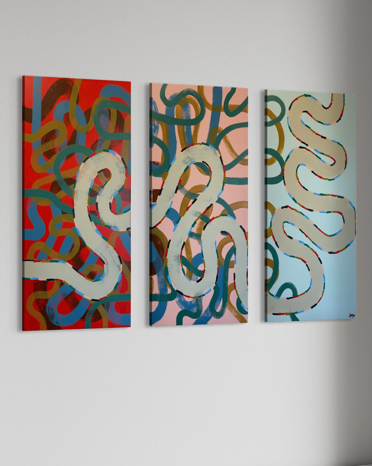 Second panel of the 'Collecting My Thoughts' triptych by Lynzie Bremner, showcasing vibrant squiggle designs in acrylic and oil on canvas.