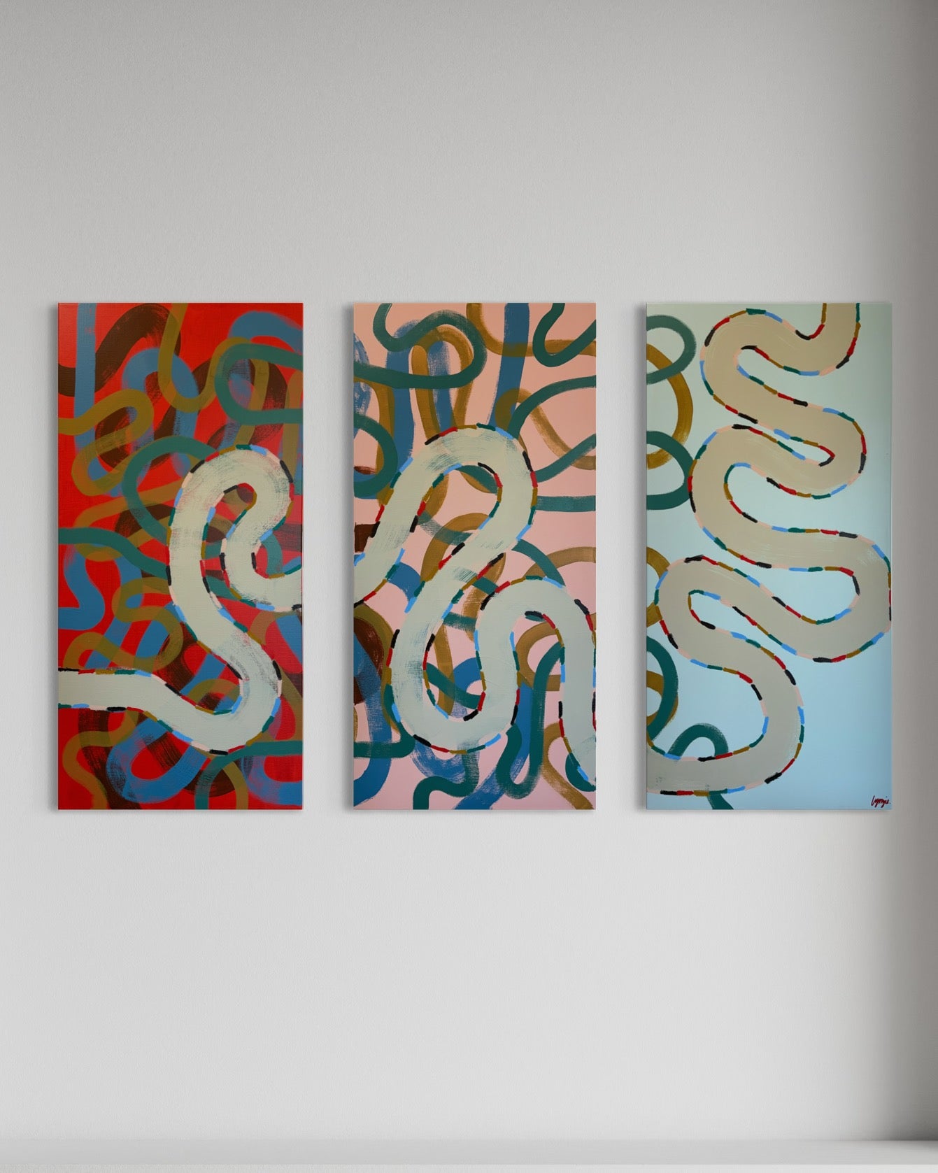 Third panel of the 'Collecting My Thoughts' triptych by Lynzie Bremner, featuring bold squiggle patterns in acrylic and oil on canvas.
