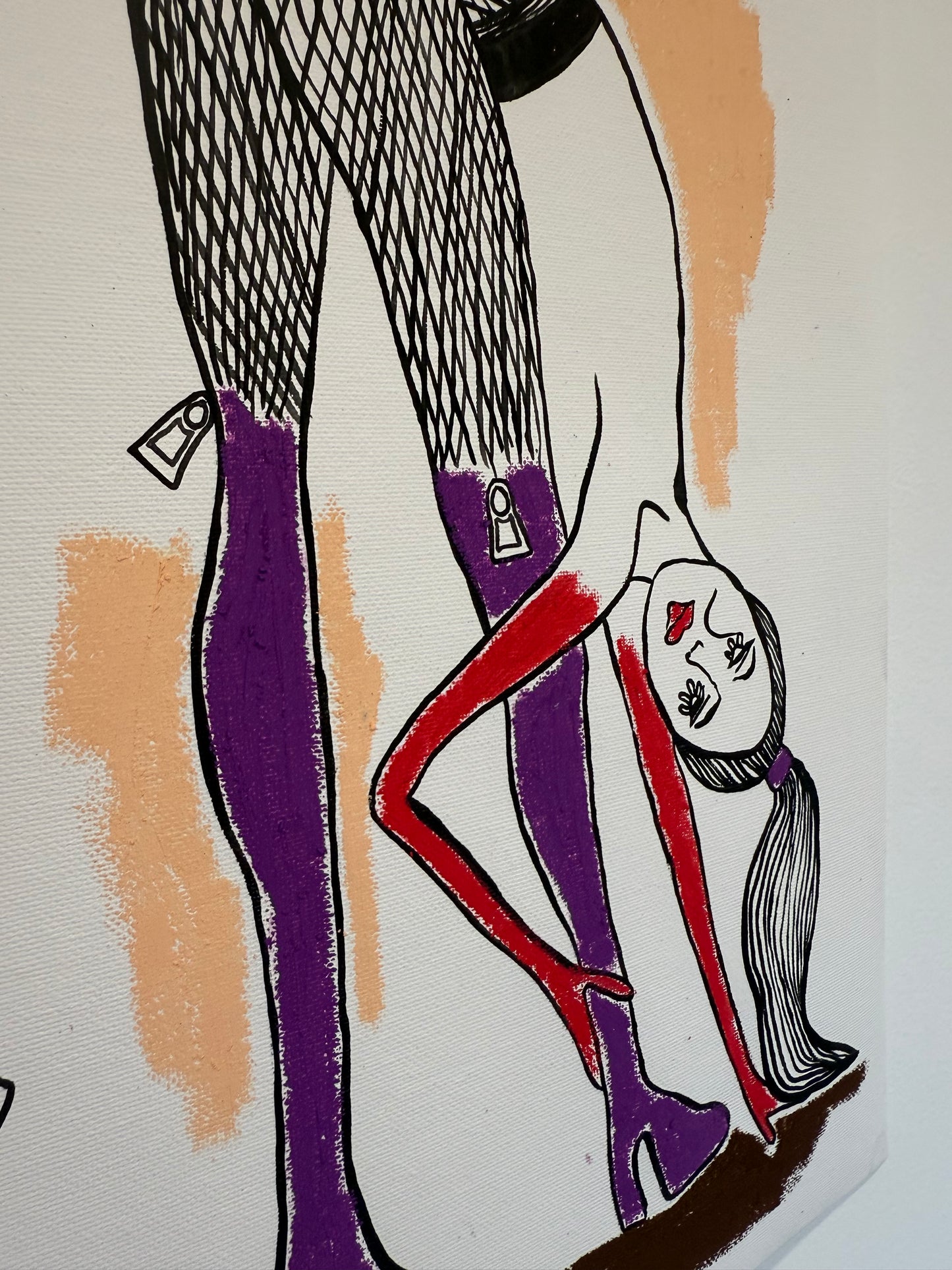 Close-up of Little Lady #3 by Lynzie Bremner showing oil pastel details and whimsical textures.