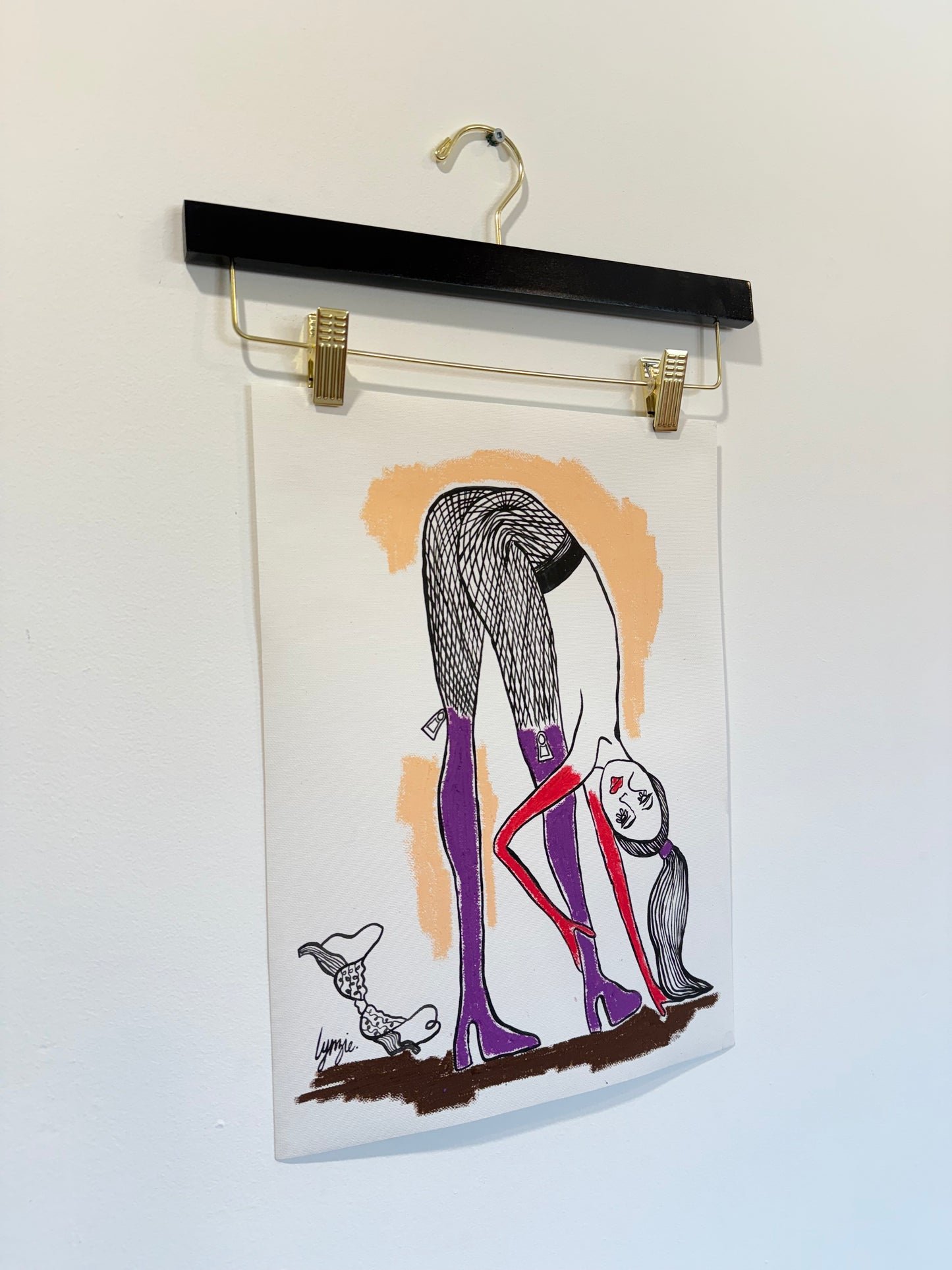 Angled view of Little Lady #3 by Lynzie Bremner – female figure in fishnet textures with whimsical stance.