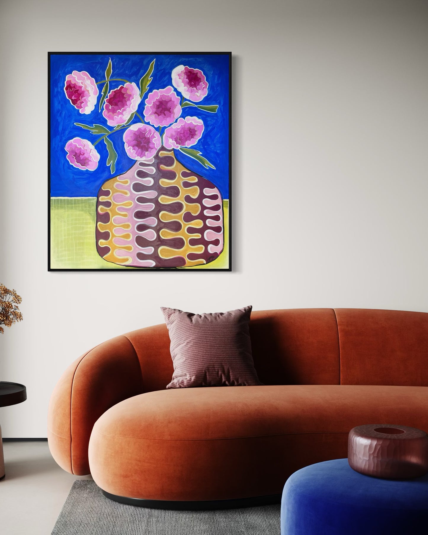 The Bride Wanted Peonies original painting by Lynzie Bremner displayed in a stylish room with curved velvet sofa.