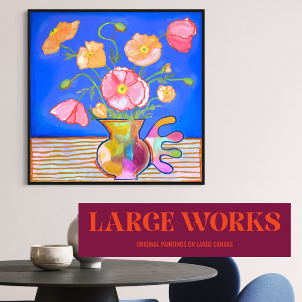 Original large painting of vibrant poppies in a colorful vase on a striped table, displayed in a modern home setting, perfect for adding bold decor.