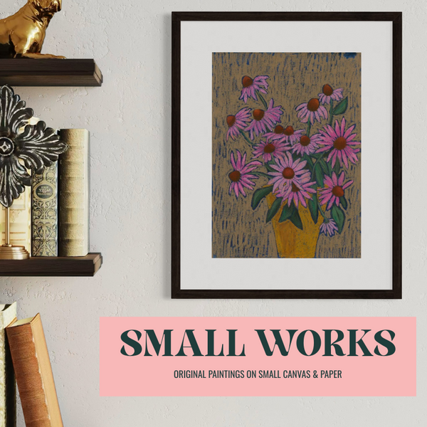 Original small painting of a vibrant flower vase with pink daisies on canvas, framed and displayed on a wall shelf.