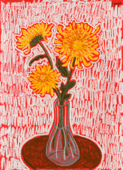 Close-up of Chrysanthemum Study Oil Pastel Artwork, Featuring Detailed Yellow Chrysanthemums on Red Background.