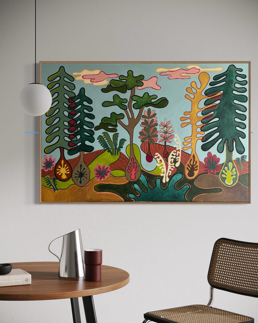 "Monday in August" by Lynzie Bremner – Contemporary original painting displayed in a modern home setting. Acrylic on canvas with bright, floral-inspired colors.