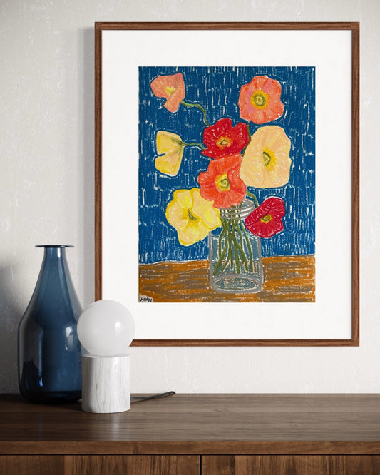 Poppy Study – Original Oil Pastel on Canvas Paper by Lynzie Bremner (40x30cm) - Lynzie Bremner, Artist