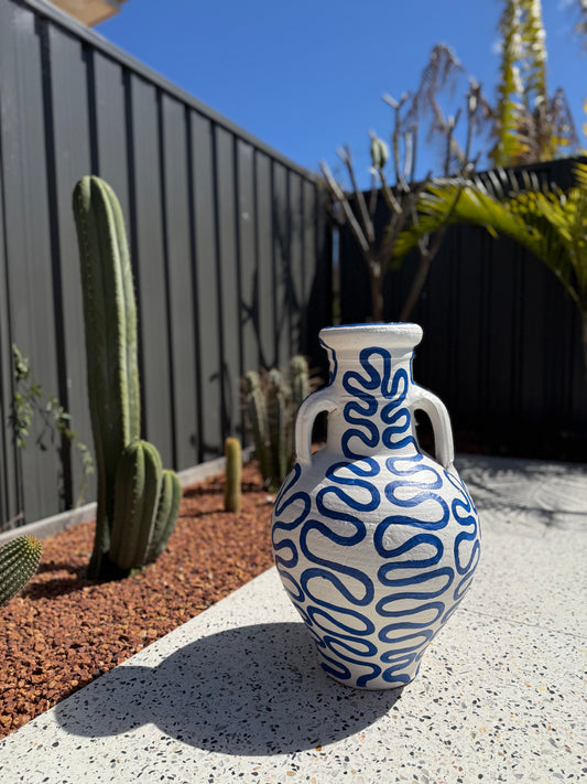 Squiggle Pot #1 – Original Acrylic on Clay Pot, 60cm High, Featuring Abstract Blue and White Squiggle Pattern.