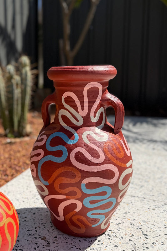 Squiggle Pot #2 – Original Acrylic on Clay Pot, 45cm High, Featuring Abstract Squiggle Design in Red, Pink, Orange, and Blue.