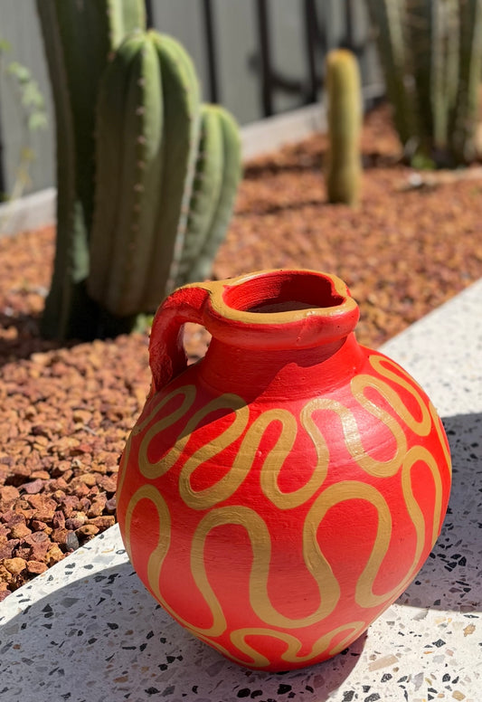 Squiggle Pot #4 – Original Acrylic on Clay Pot, 24cm High, Featuring Abstract Squiggle Design in Red and Gold.