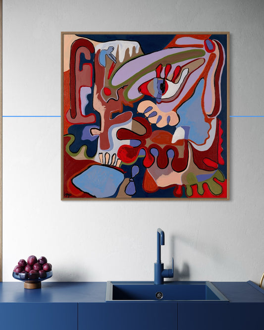 Toxic Beauty" by Lynzie Bremner – Contemporary original painting displayed in a modern interior. Acrylic and oil on canvas with striking colors and texture.