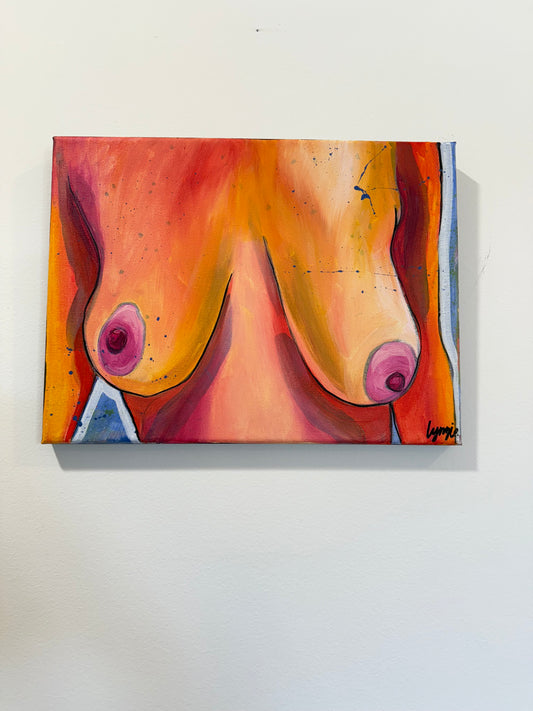 Full view of "Breast In Show #1" by Lynzie Bremner, acrylic on canvas, cropped to square.