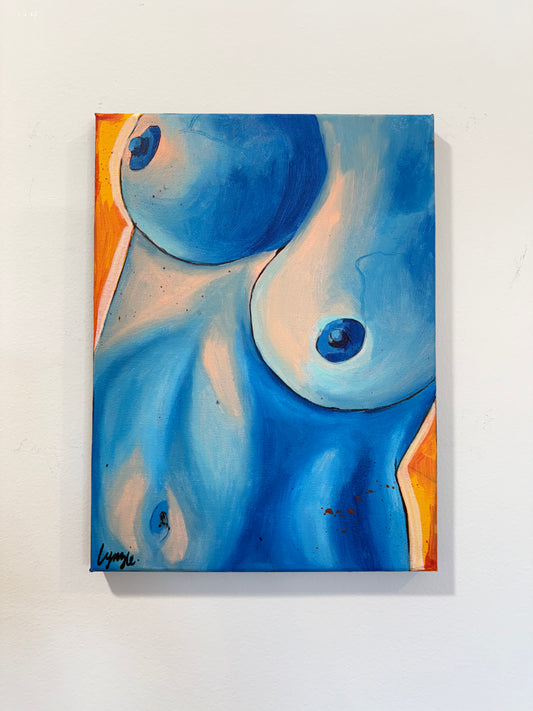 Full view of "Breast In Show #10" by Lynzie Bremner, acrylic on canvas, cropped to square.