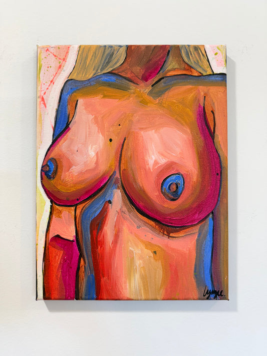 Full view of "Breast In Show #11" by Lynzie Bremner, acrylic on canvas, cropped to square.