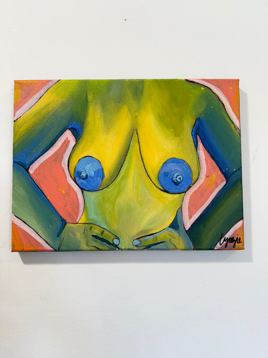 Full view of "Breast In Show #13" by Lynzie Bremner, acrylic on canvas, cropped to square.