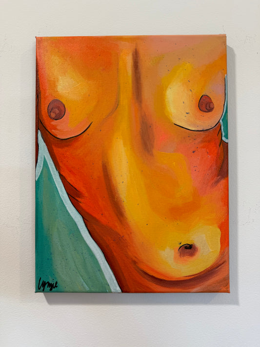 Full view of "Breast In Show #14" by Lynzie Bremner, acrylic on canvas, cropped to square.