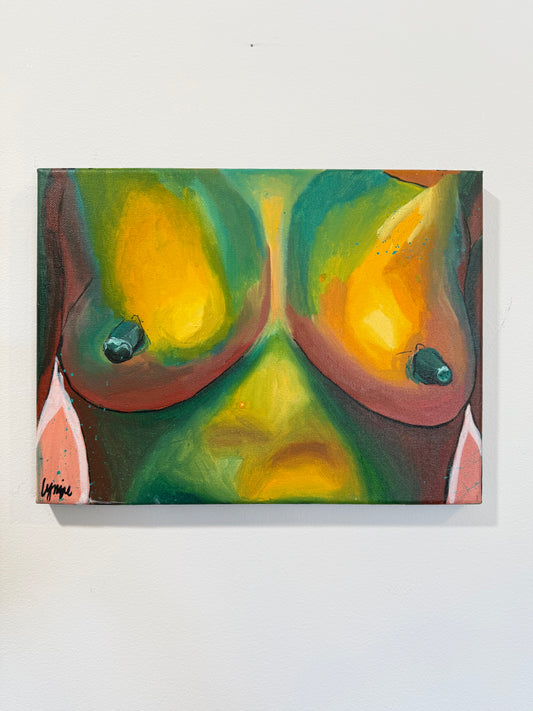 Full view of "Breast In Show #16" by Lynzie Bremner, acrylic on canvas, cropped to square.