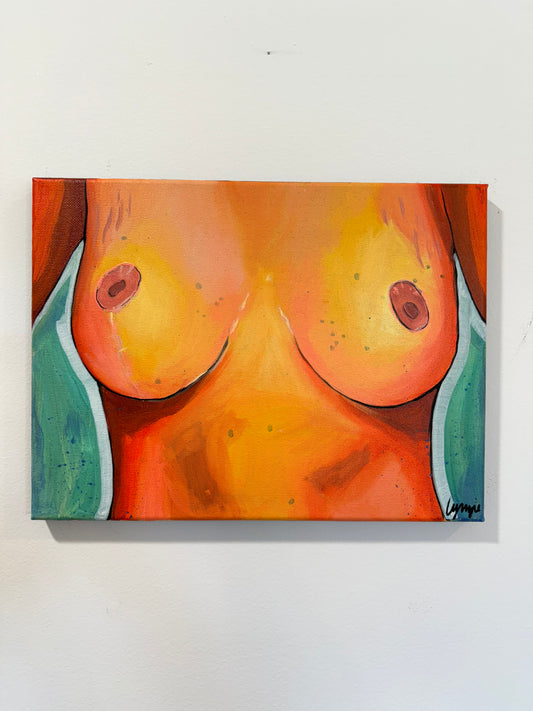 Full view of "Breast In Show #17" by Lynzie Bremner, acrylic on canvas, cropped to square.