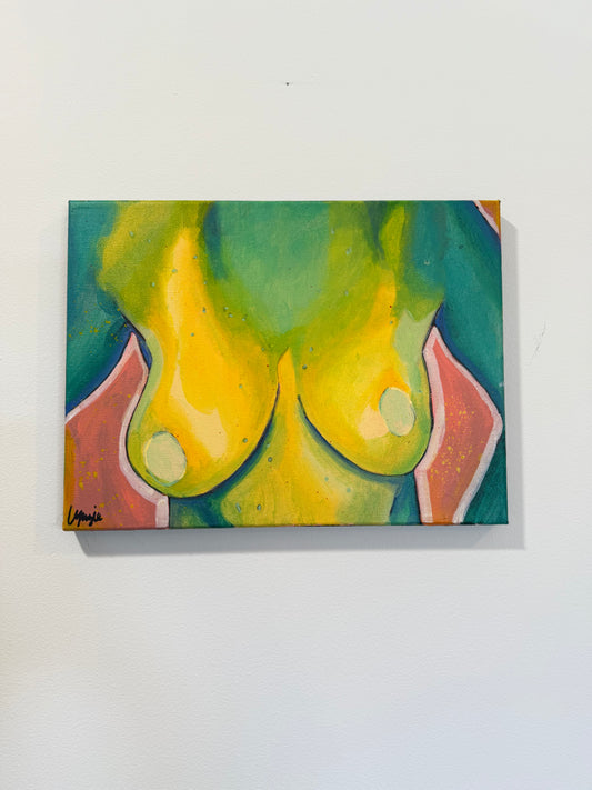 Full view of "Breast In Show #3" by Lynzie Bremner, acrylic on canvas, cropped to square.