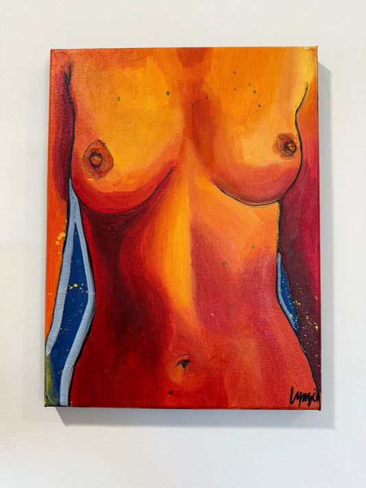 Full view of "Breast In Show #4" by Lynzie Bremner, acrylic on canvas, cropped to square.