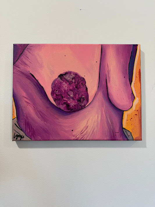 Full view of "Breast In Show #5" by Lynzie Bremner, acrylic on canvas, cropped to square.
