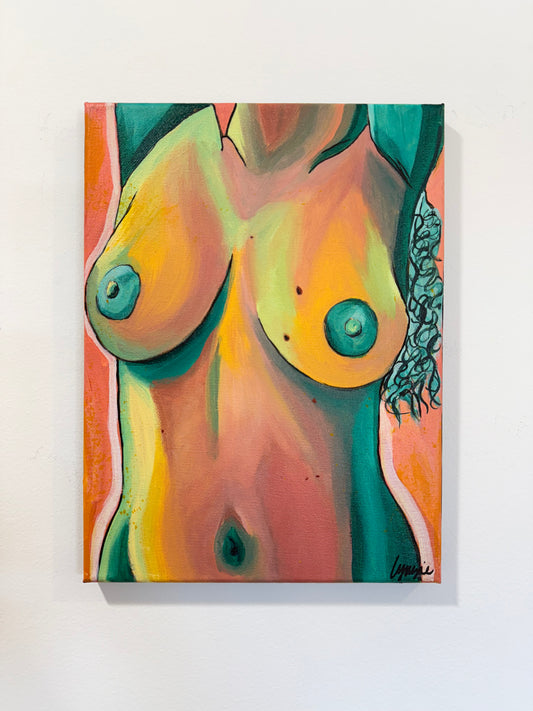 Full view of "Breast In Show #9" by Lynzie Bremner, acrylic on canvas, cropped to square.