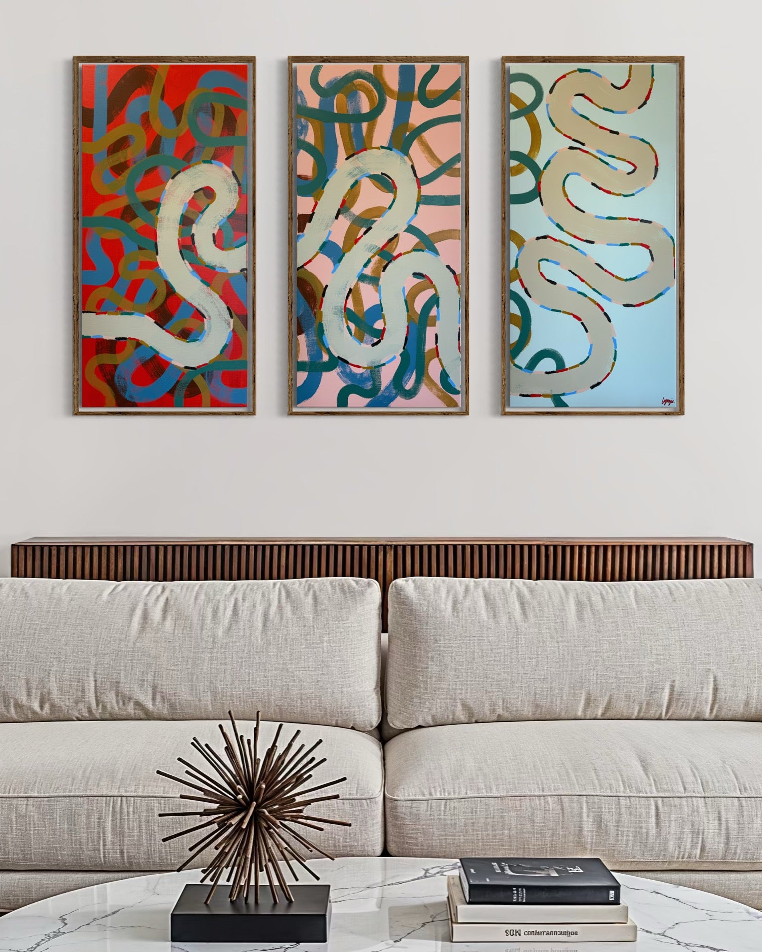First panel of the 'Collecting My Thoughts' triptych by Lynzie Bremner, featuring abstract squiggle patterns in acrylic and oil on canvas.