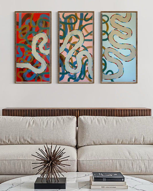 First panel of the 'Collecting My Thoughts' triptych by Lynzie Bremner, featuring abstract squiggle patterns in acrylic and oil on canvas.