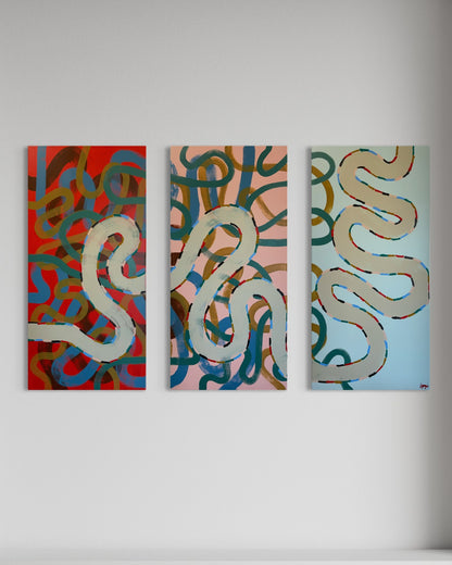 Third panel of the 'Collecting My Thoughts' triptych by Lynzie Bremner, featuring bold squiggle patterns in acrylic and oil on canvas.