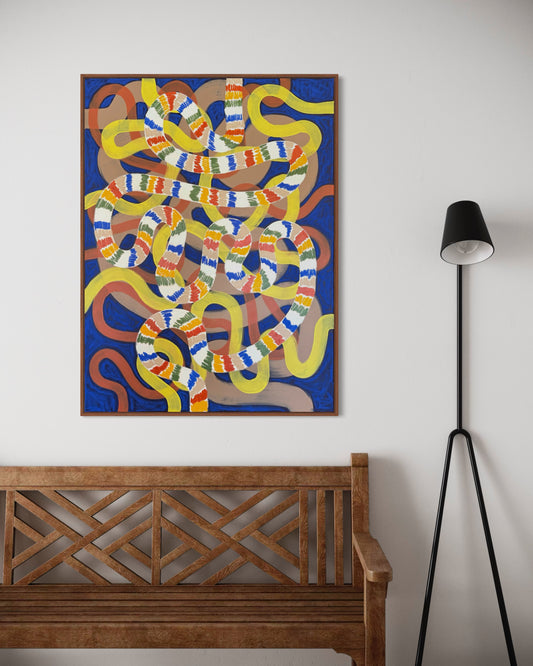 First panel of 'Gut Feeling' by Lynzie Bremner, featuring vibrant squiggle patterns in acrylic and oil on canvas, symbolizing mental health and emotional pathways.