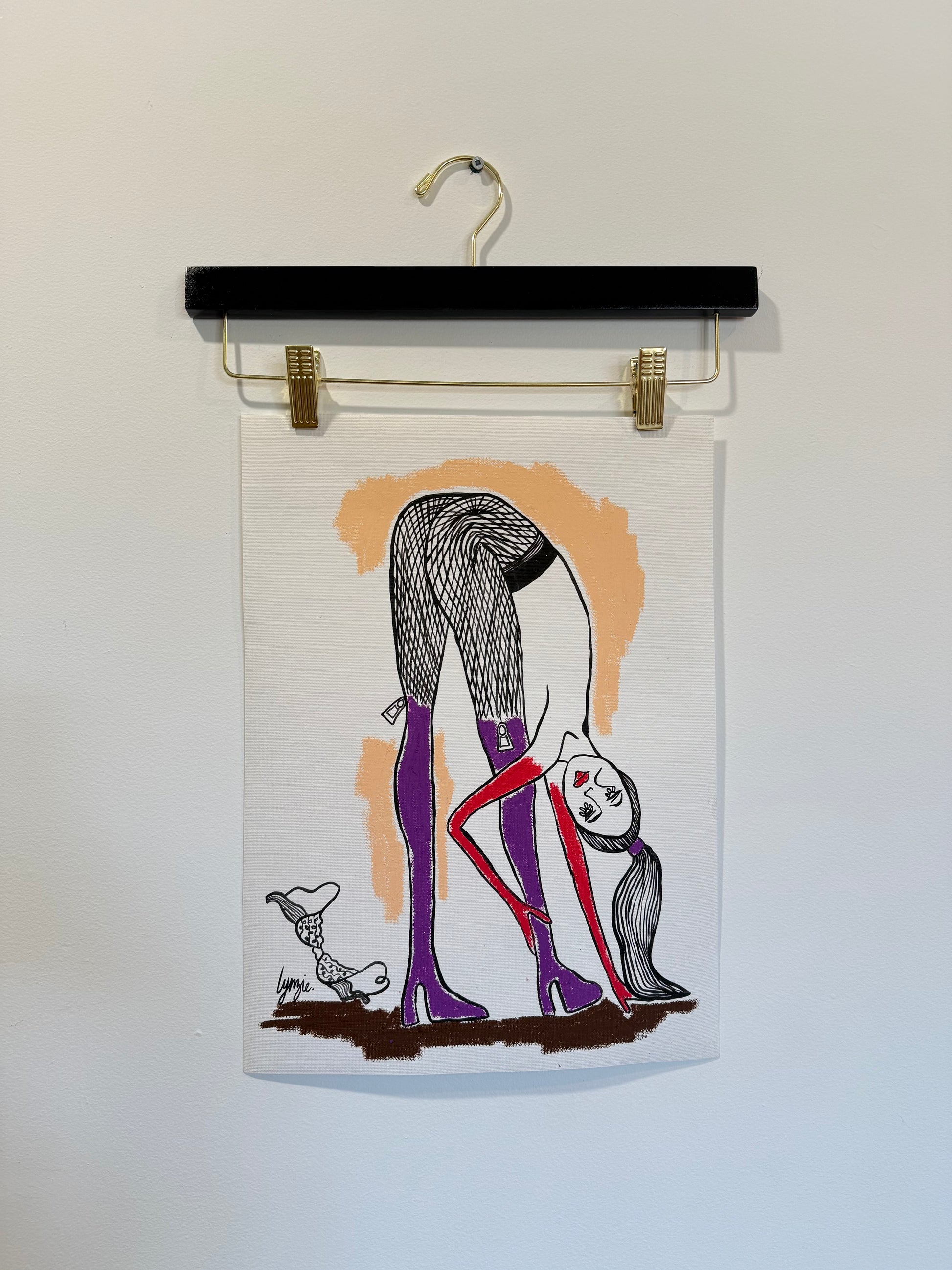 Little Lady #3 artwork by Lynzie Bremner – figurative acrylic and oil pastel on canvas paper with female figure in red and purple boots.
