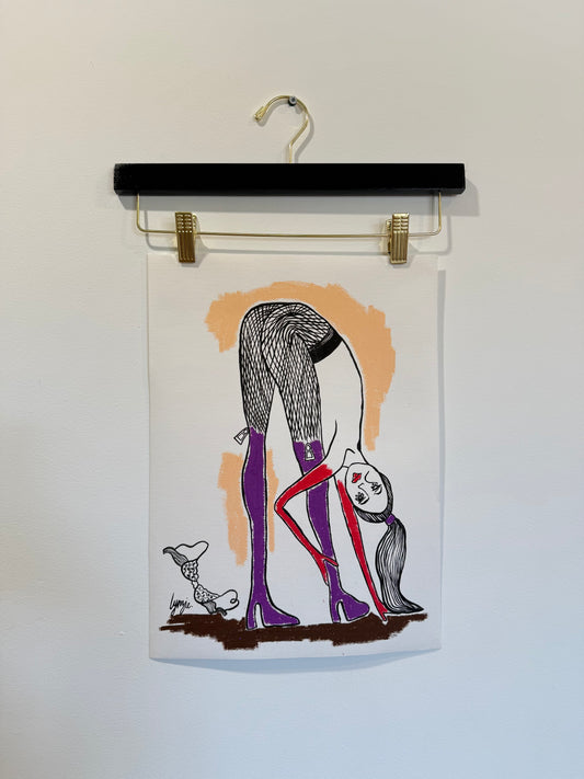 Little Lady #3 artwork by Lynzie Bremner – figurative acrylic and oil pastel on canvas paper with female figure in red and purple boots.