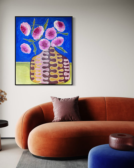 The Bride Wanted Peonies original painting by Lynzie Bremner displayed in a stylish room with curved velvet sofa.