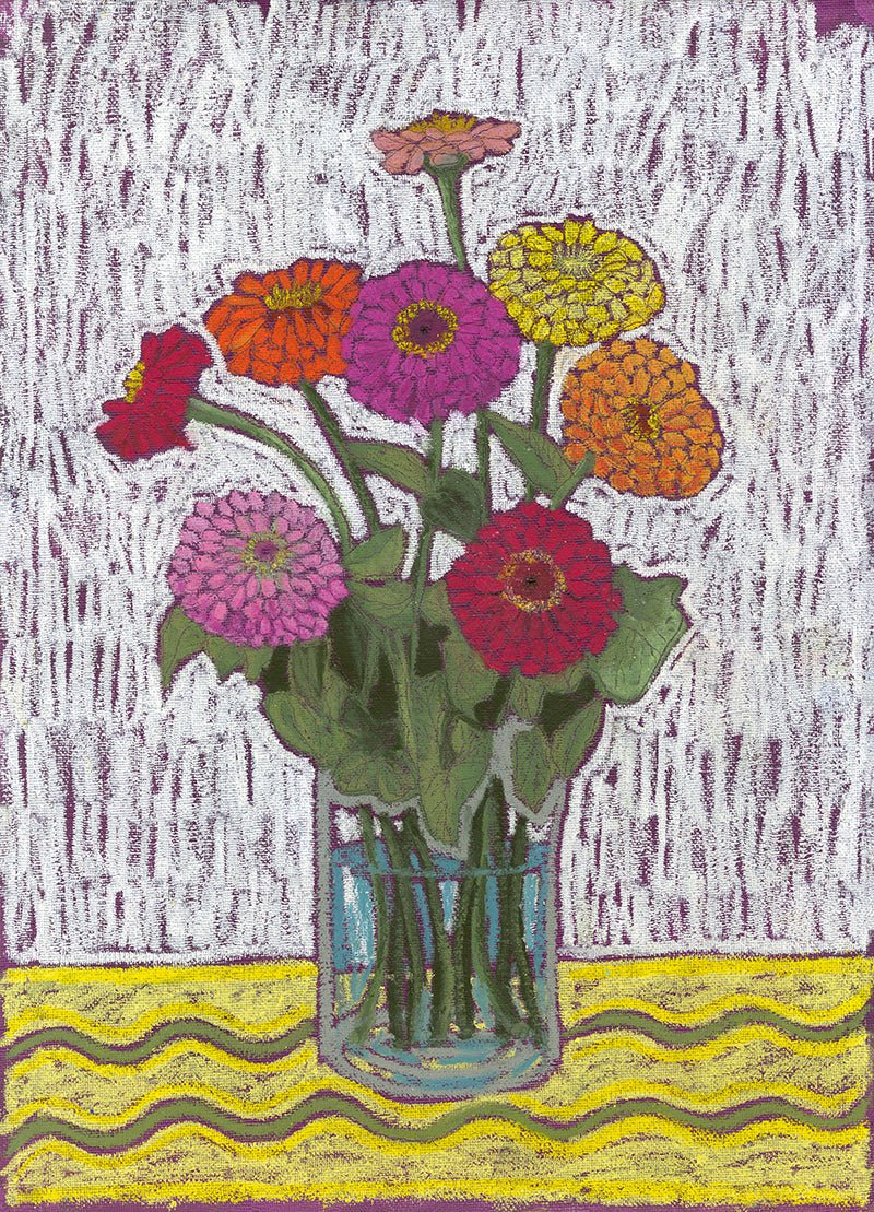 Zinnia Study - Oil Pastel on Canvas Paper by Lynzie Bremner (40x30 cm) - Lynzie Bremner, Artist