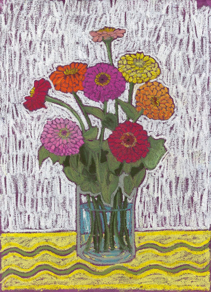 Zinnia Study - Oil Pastel on Canvas Paper by Lynzie Bremner (40x30 cm) - Lynzie Bremner, Artist