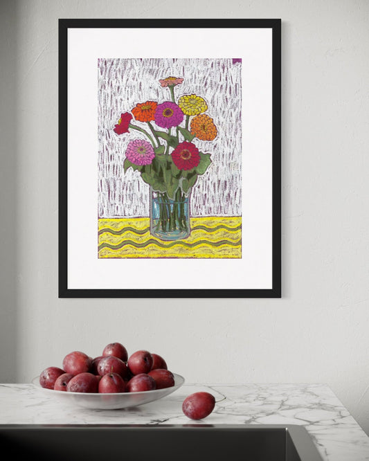 Zinnia Study - Oil Pastel on Canvas Paper by Lynzie Bremner (40x30 cm) - Lynzie Bremner, Artist